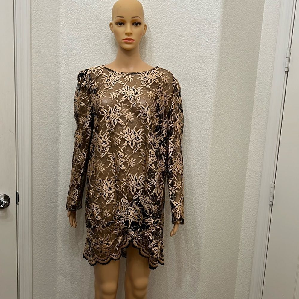 David Rose Sz 16 1/2 Top Tunic Scoop Neck Long Sleeve Floral Sheer Embroidered